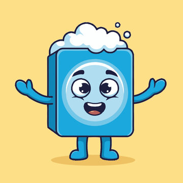 Cheerful blue cartoon washing machine character with white foam big ey