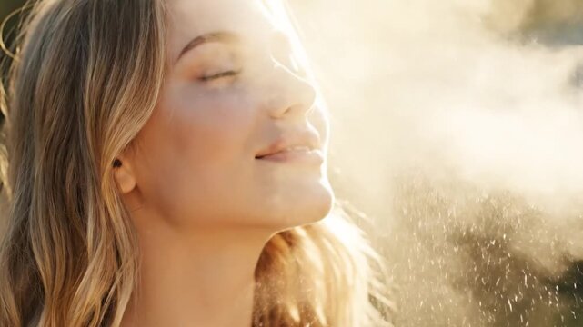 Side Profile of Young Woman Refreshing Face with Hydrating Mist Spray in Golden Hour Sunlight