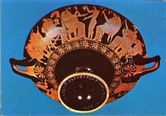 TARQUINIA.MUSEO ETRUSCO.DETAIL OF A VASE.JOVE AND GANYMEDE.ITALY. © sergiusz
