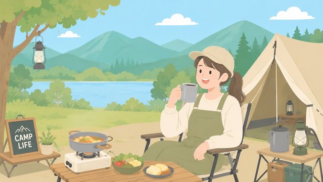 湖畔のキャンプサイトでコーヒーを楽しむ女性とランタンやキャンプ料理のフラットイラスト