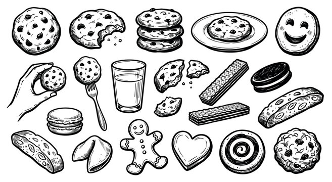Various hand-drawn cookies and biscuits with a glass of milk, featuring different shapes and textures in a black and white sketch style