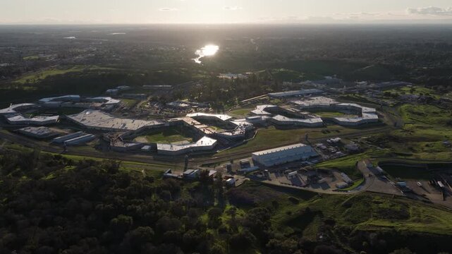 Aerial Drone View of Folsom State Prison in Northern California - Push In - 4K