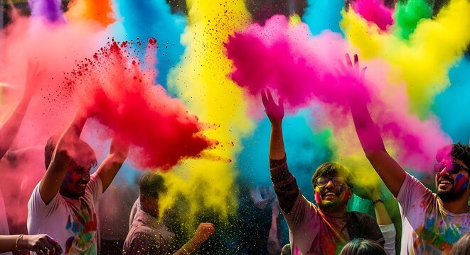 People celebrating Holi festival throwing colorful powder in the air