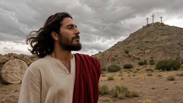 Jesus Christ Looking Towards Calvary with Three Crosses and Empty Tomb