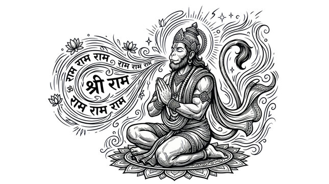 Hanuman meditating and chanting 'Ram Ram' with divine aura and lotus flowers