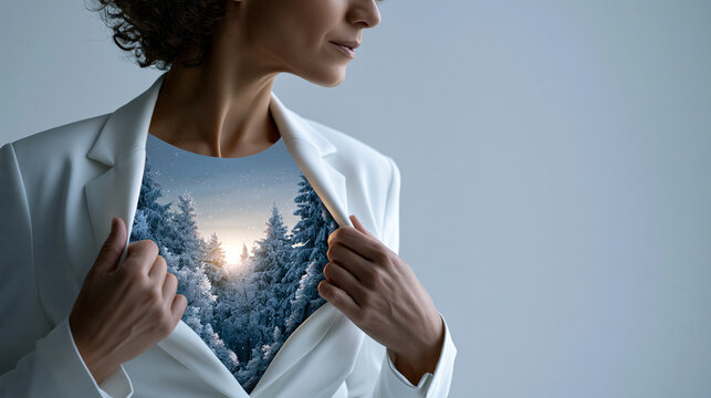 medium close-up of an overworked office woman in a white blazer opening her jacket to reveal a tiny glowing snowy winter landscape inside her chest, frosted pine trees, soft fallin