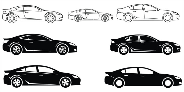 Silhouette of various cars in different styles and colors