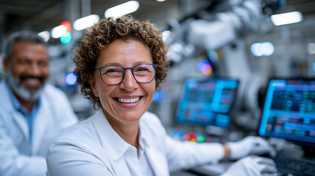 A professional stock photo of a female robotics engineer programming an industrial robotic arm on a modern smart factory floor, male automation specialist observing the process, bl