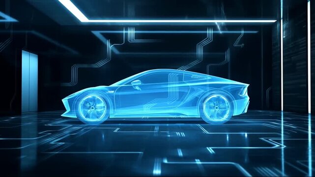 Futuristic hologram car digital prototype in dark technology lab