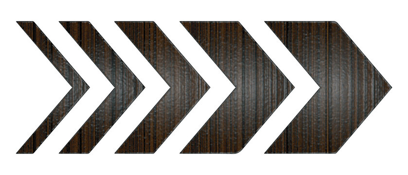 Horizontal row of dark wooden textured directional arrows pointing right with direction pointing navigation indicator movement sequence progress isolated