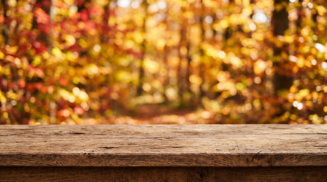 Empty rustic wooden table with blurred bright golden autumn forest foliage background
