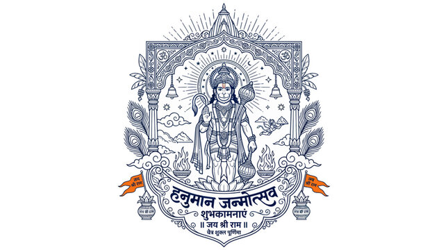 Hanuman Janmotsav Illustration: Lord Hanuman, Hindu Deity, Festive Arch, Ornate Design