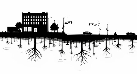 Fototapeta premium Urban roots connecting city life below the surface