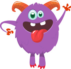 Naklejka premium Cartoon cute and funny monster creature character design with scary horns and face expression waving hands . Vector illustration. For Halloween party decoration or package design