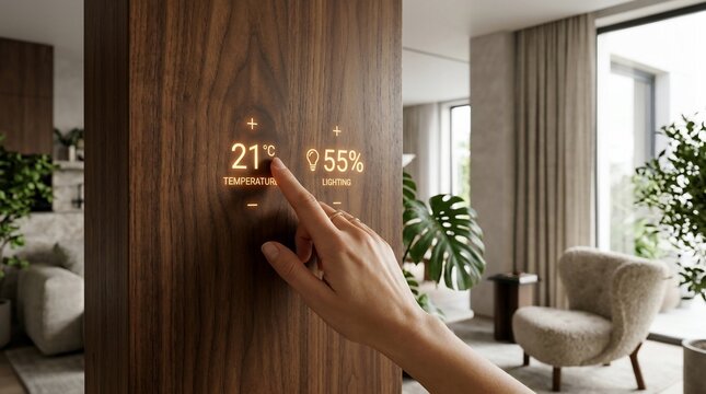 Hand adjusting smart home temperature on wooden wall panel.