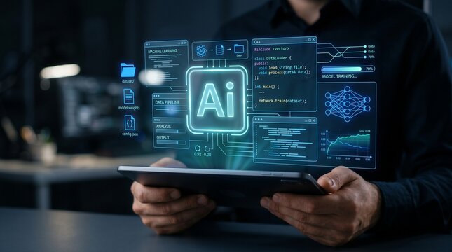 Hands holding digital tablet displaying futuristic AI interface with holographic data and coding elements in dark office setting