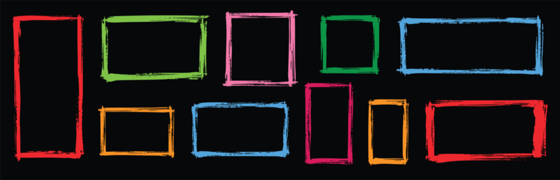 Vector collection of colorful hand-drawn rectangle frames with grunge brush stroke texture on black background.