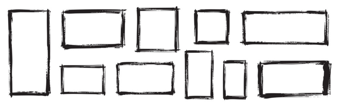 Collection of various rectangular hand-drawn frames with a rough, distressed brush stroke texture, isolated on a white background.