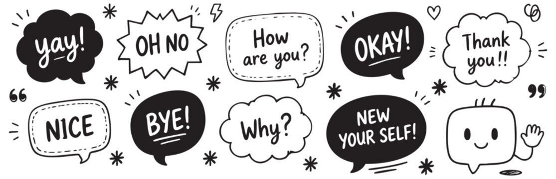 Set of hand drawn speech bubbles with various expressions like yay, oh no, how are you, okay, thank you, nice, bye, why, new your self and cute character.