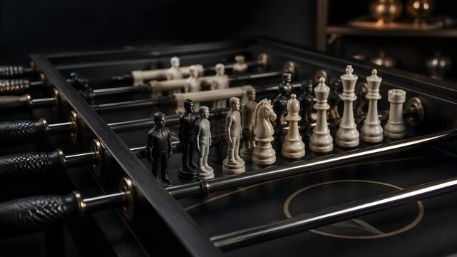 Conceptual representation of sports strategy evolving into chess intelligence through transforming foosball players and chess pieces on a premium game table.