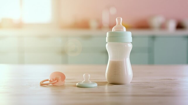 Baby bottle filled with milk standing next to a pacifier and teether on a wooden kitchen surface, preparing for feeding time