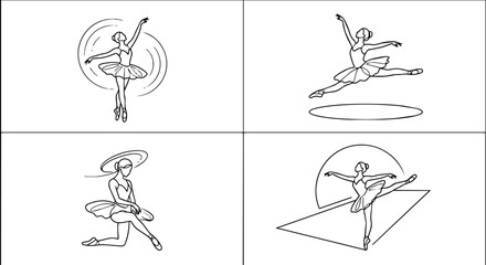 Collection of line art illustrations depicting ballerinas in various elegant poses and movements with abstract shapes © Ranasa