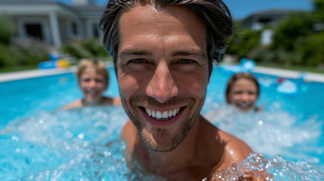 A professional stock photo of a happy family splashing and playing in a bright blue backyard swimming pool on a sunny summer day, parents and children laughing, pool floaties and t