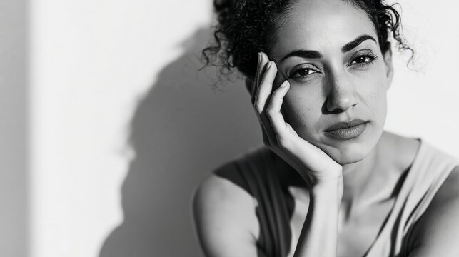 Woman gazing at the camera with a pensive look, gently touching her face, reflecting both deep thought and raw emotion in a monochromatic image