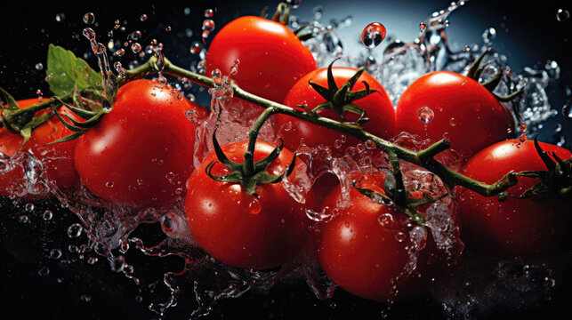 Fresh red tomatoes on the vine with dynamic water splash on dark background