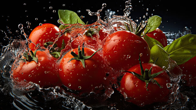 Fresh red tomatoes on the vine with dynamic water splash on dark background