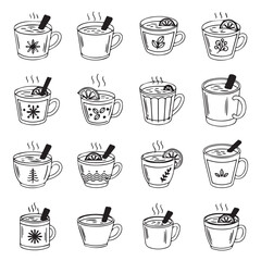 Fototapeta premium Hand drawn hot beverages in decorated mugs with cinnamon sticks and citrus slices for cozy winter season