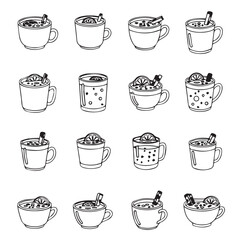 Obraz premium Hand drawn mulled wine cups with orange slice and cinnamon stick during winter holidays