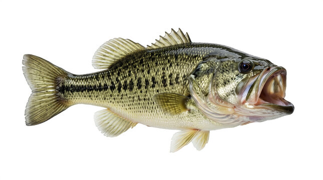 Largemouth bass fish isolated on transparent background. Freshwater largemouth bass with open mouth illustration. Realistic green bass fish icon for fishing design.