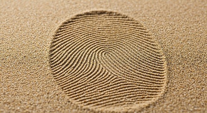 Detailed fingerprint impression in golden sand, human thumbprint pattern on beach surface, forensic identity and security concept in nature