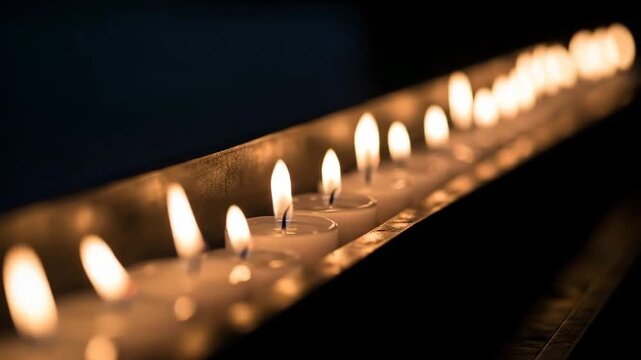 A long row of glowing votive candles burning in a dark church setting