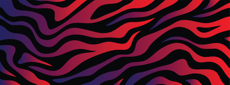 Abstract seamless pattern with wavy zebra stripes in a vibrant red and purple gradient, creating a dynamic and modern fluid background design.