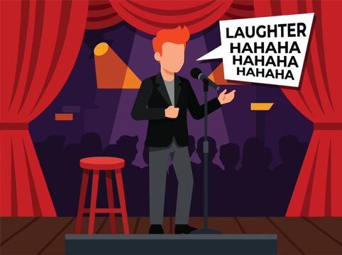 Stand Up Comedian Performing Comedy on Theatre Stage with Microphone and Red Curtains Vector Illustration