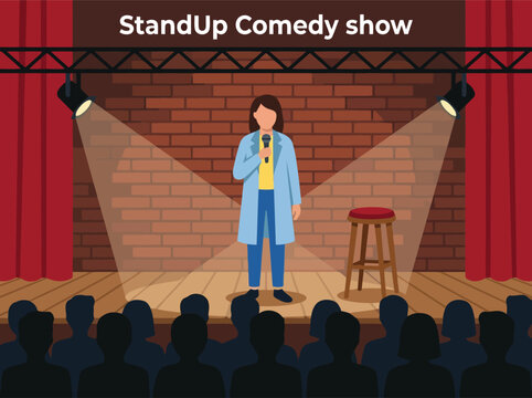 Female Stand Up Comedian Performing on Stage under Spotlights in Front of Audience Vector Illustration for Comedy Night Show