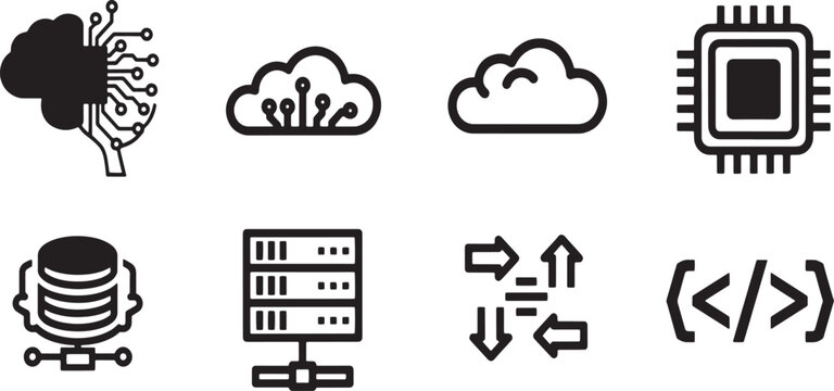 Artificial Intelligence and Cloud Computing Icon Set - AI Brain, Cloud Network, CPU Processor, Database, Server, Data Flow, and Coding Vector Icons