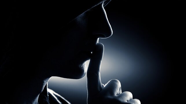 Person's silhouette signaling silence, keeping a secret or discretion, with a finger touching lips on a dark background