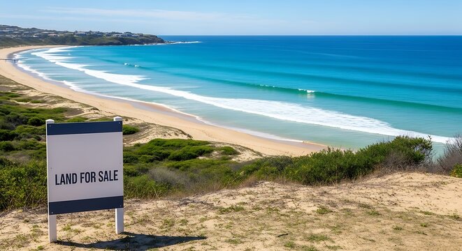 Coastal property with "LAND FOR SALE" sign overlooking a beautiful ocean beach with turquoise waves and lush green vegetation in the foreground