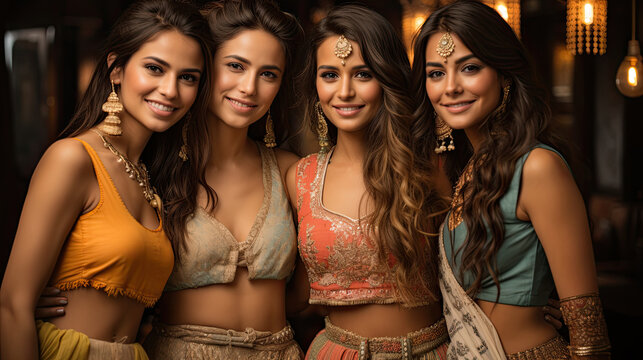Elegant young women wearing ornate gold jewelry and festive traditional clothing