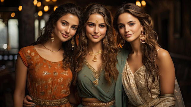 Elegant young women wearing ornate gold jewelry and festive traditional clothing