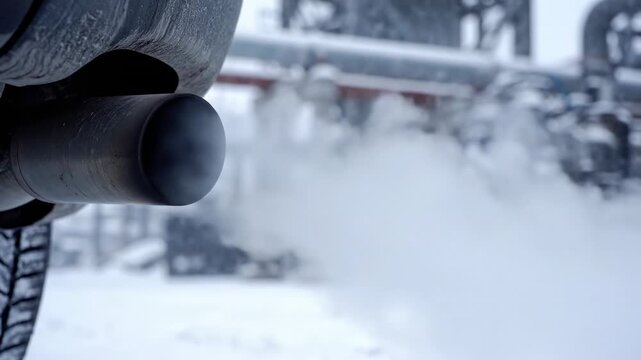Car exhaust pipe releasing smoke in snowy industrial setting, close-up view showing tire tread and blurred machinery in the background