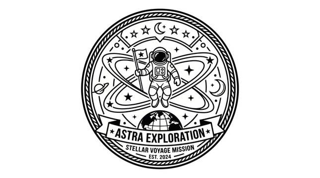 Astronaut Emblem with Flag, Stars, Planets, and Orbit Lines - Space Exploration Logo