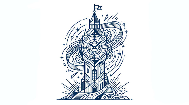 Big Ben Clock Tower, London, Vintage Line Art Illustration, Time Concept