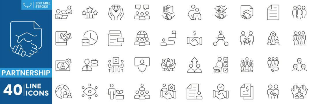 Partnership Collaboration Teamwork Business Agreement Line Icons Collection Editable Stroke