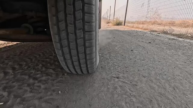 Car tire rolls on a dusty dirt path
