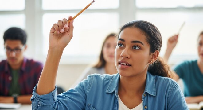Student raising hand with pencil in classroom, engaging in learning and participating in discussion. Teaching moment enhanced with active involvement and eager expression of student raising hand.