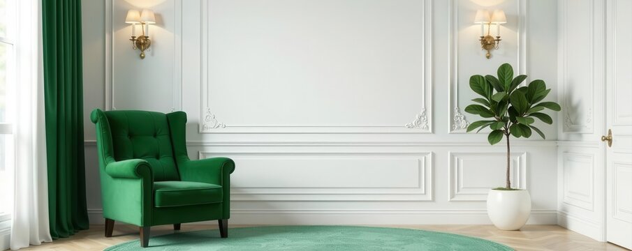 Emerald green armchair, rococo white wall decor Luxurious living room , style, stylish